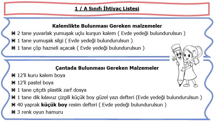 1. Sınıf İhtiyaç Listesi